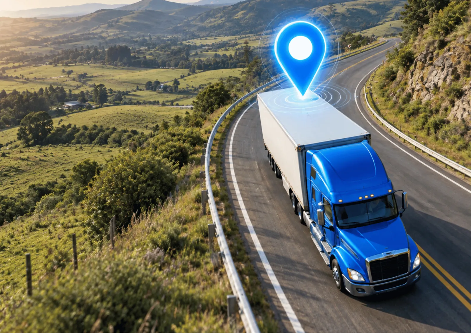 A blue truck with a white trailer on a winding rural road, with a location pin above the trailer