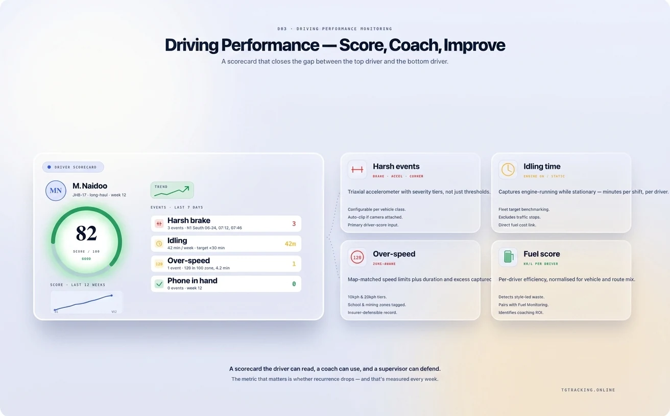 Driving Performance Monitoring infographic showing how TG Tracking organises this solution