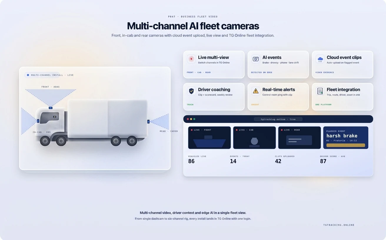 Business Fleet Video Cameras infographic showing how TG Tracking organises this solution