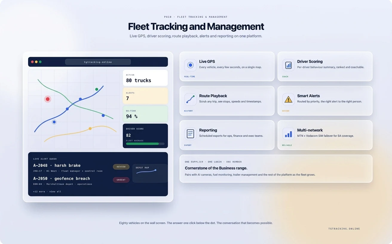 Fleet Tracking and Management infographic showing how TG Tracking organises this solution