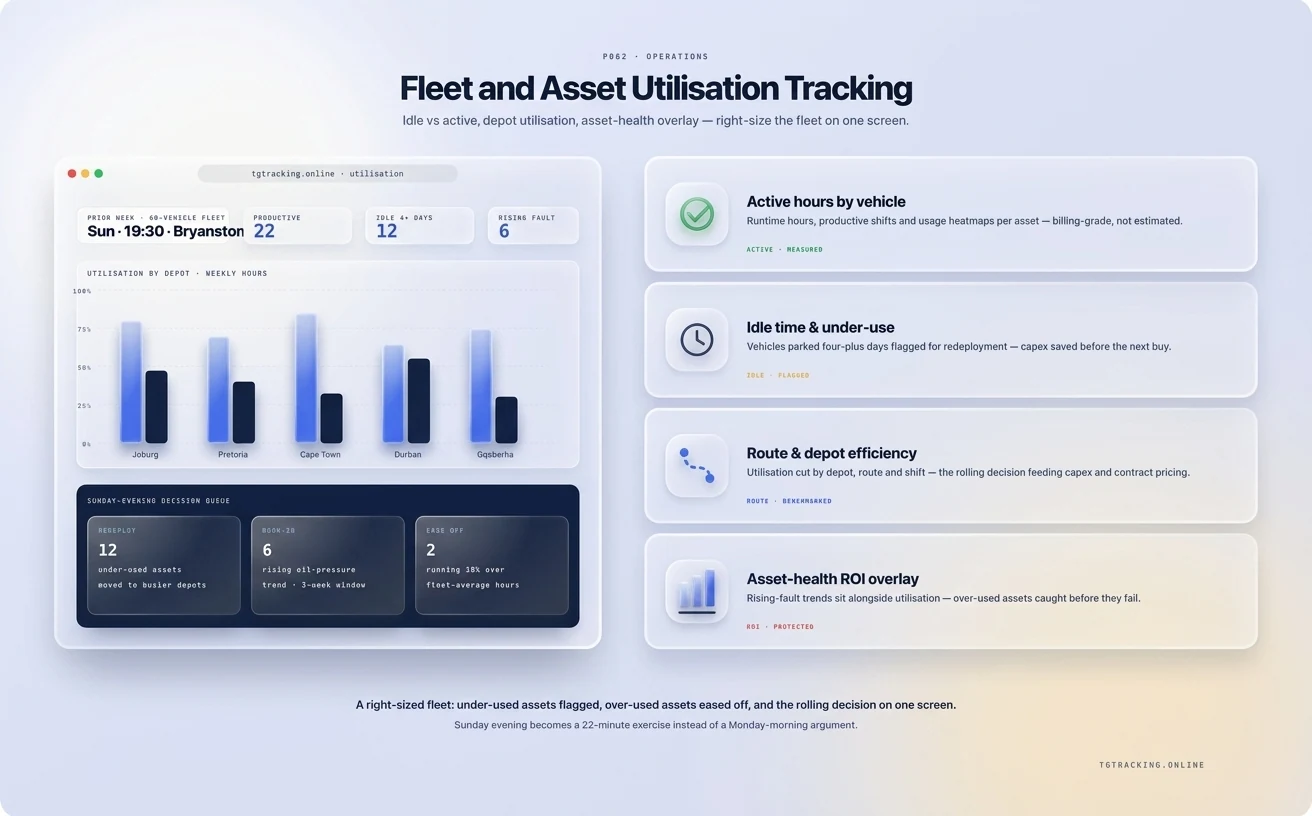 Fleet and Asset Utilisation Tracking infographic showing how TG Tracking organises this solution