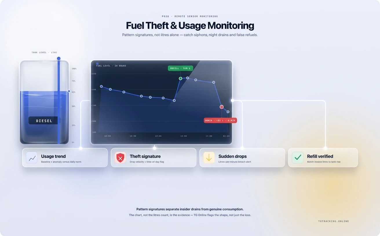 Fuel Usage and Theft Monitoring infographic showing how TG Tracking organises this solution
