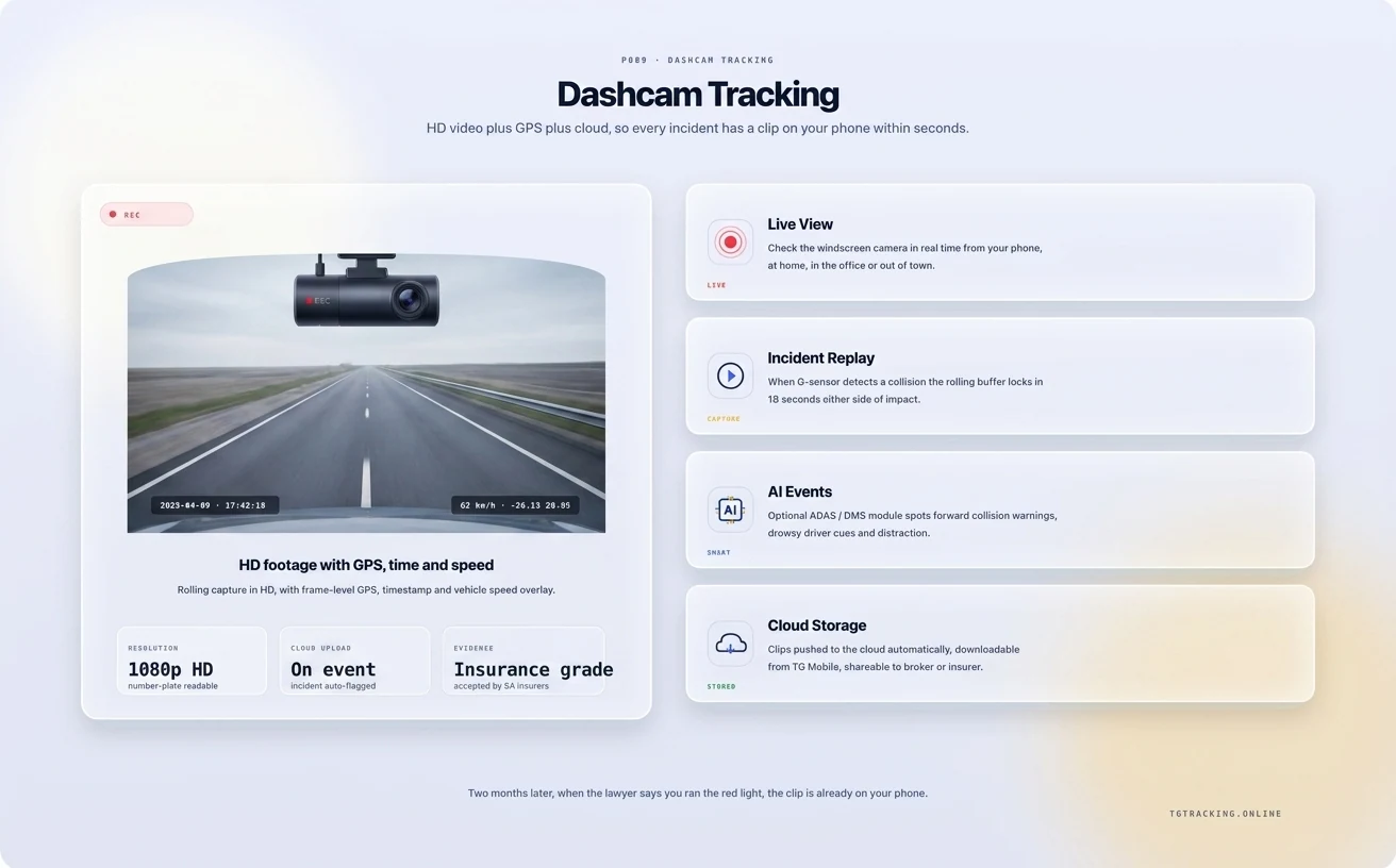 Dashcam Tracking infographic showing how TG Tracking organises this solution