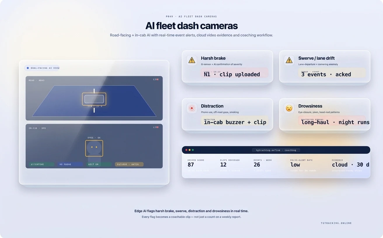 AI Fleet Dash Cameras infographic showing how TG Tracking organises this solution