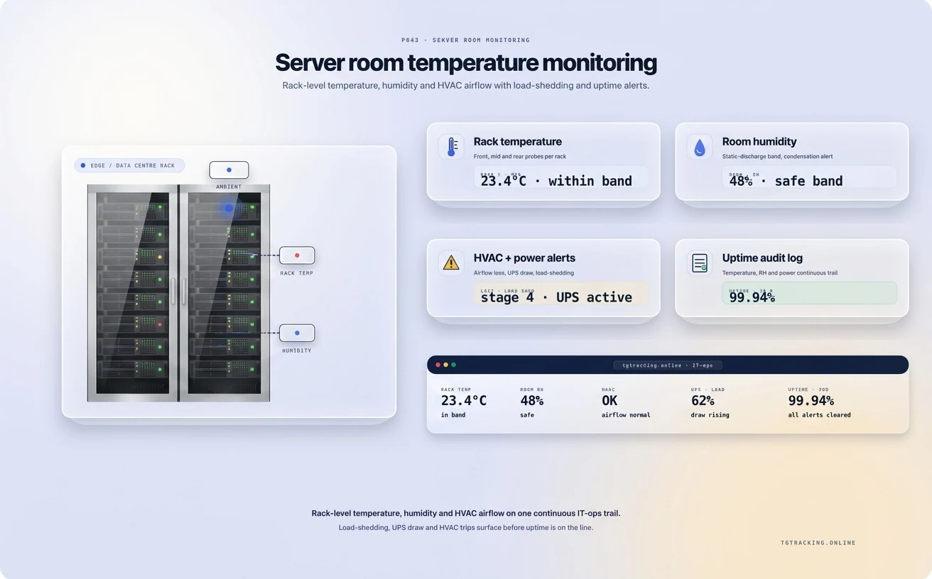 Server Room Temperature Monitoring infographic showing how TG Tracking organises this solution