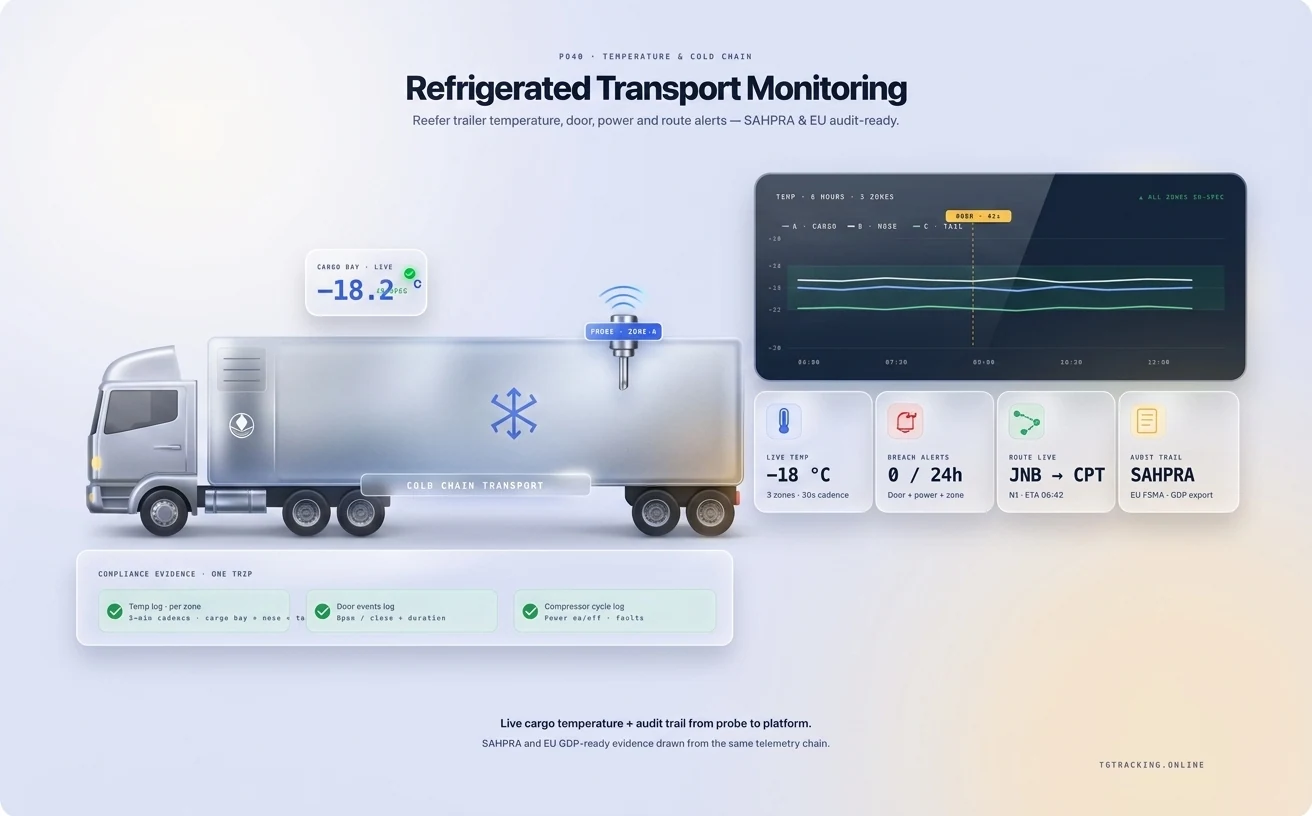 Refrigerated Transport Temperature Monitoring infographic showing how TG Tracking organises this solution