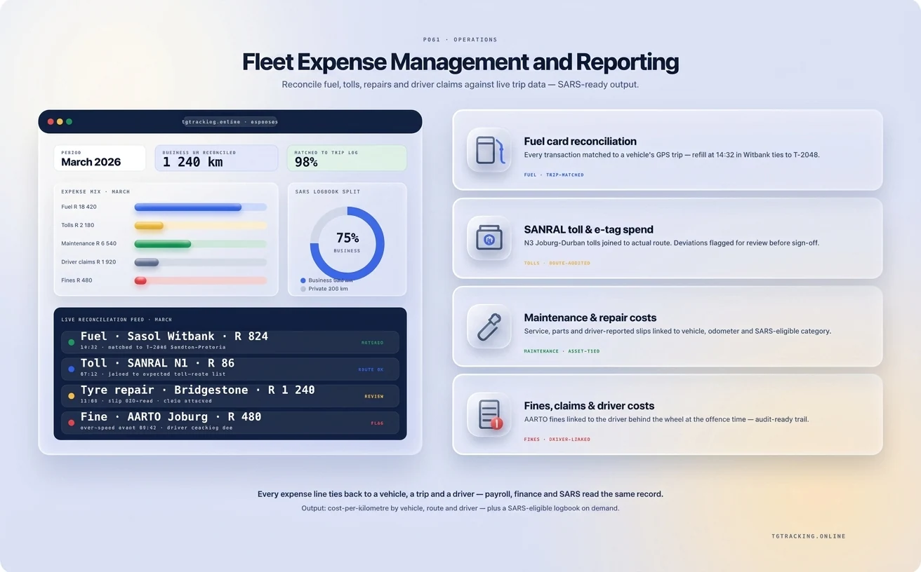 Fleet Expense Management and Reporting infographic showing how TG Tracking organises this solution