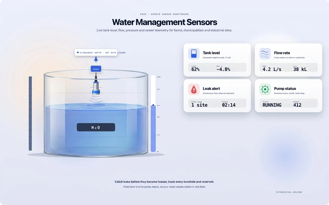 Water Management Sensors infographic showing how TG Tracking organises this solution