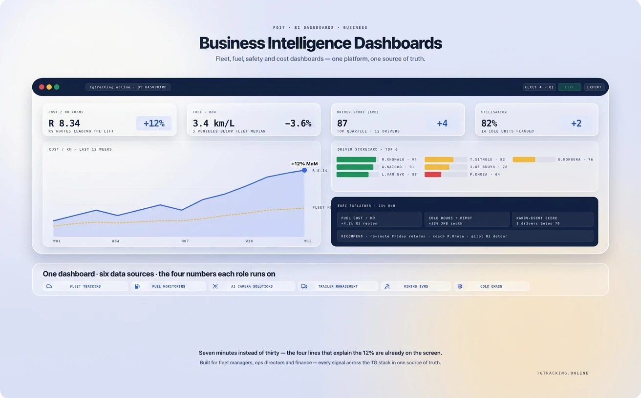 Business Intelligence Dashboards infographic showing how TG Tracking organises this solution