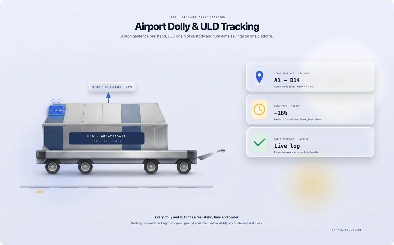 Wireless Airport Dolly and ULD Tracking infographic showing how TG Tracking organises this solution
