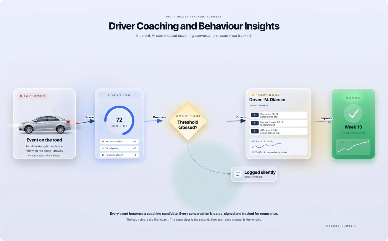 Driver Coaching and Behaviour Insights infographic showing how TG Tracking organises this solution