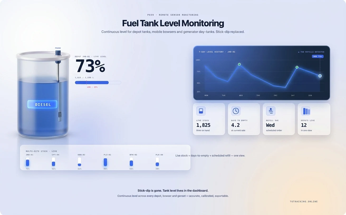 Fuel Tank Level Monitoring infographic showing how TG Tracking organises this solution