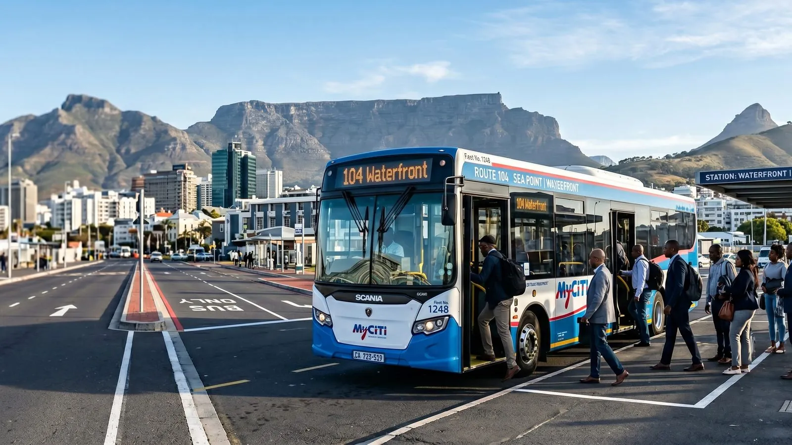Commuters boarding a city bus at a Cape Town station below Table Mountain