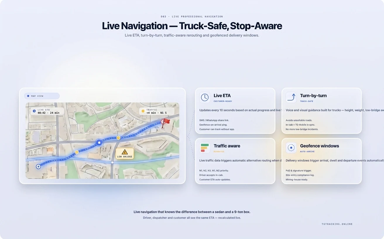 Live Professional Navigation infographic showing how TG Tracking organises this solution
