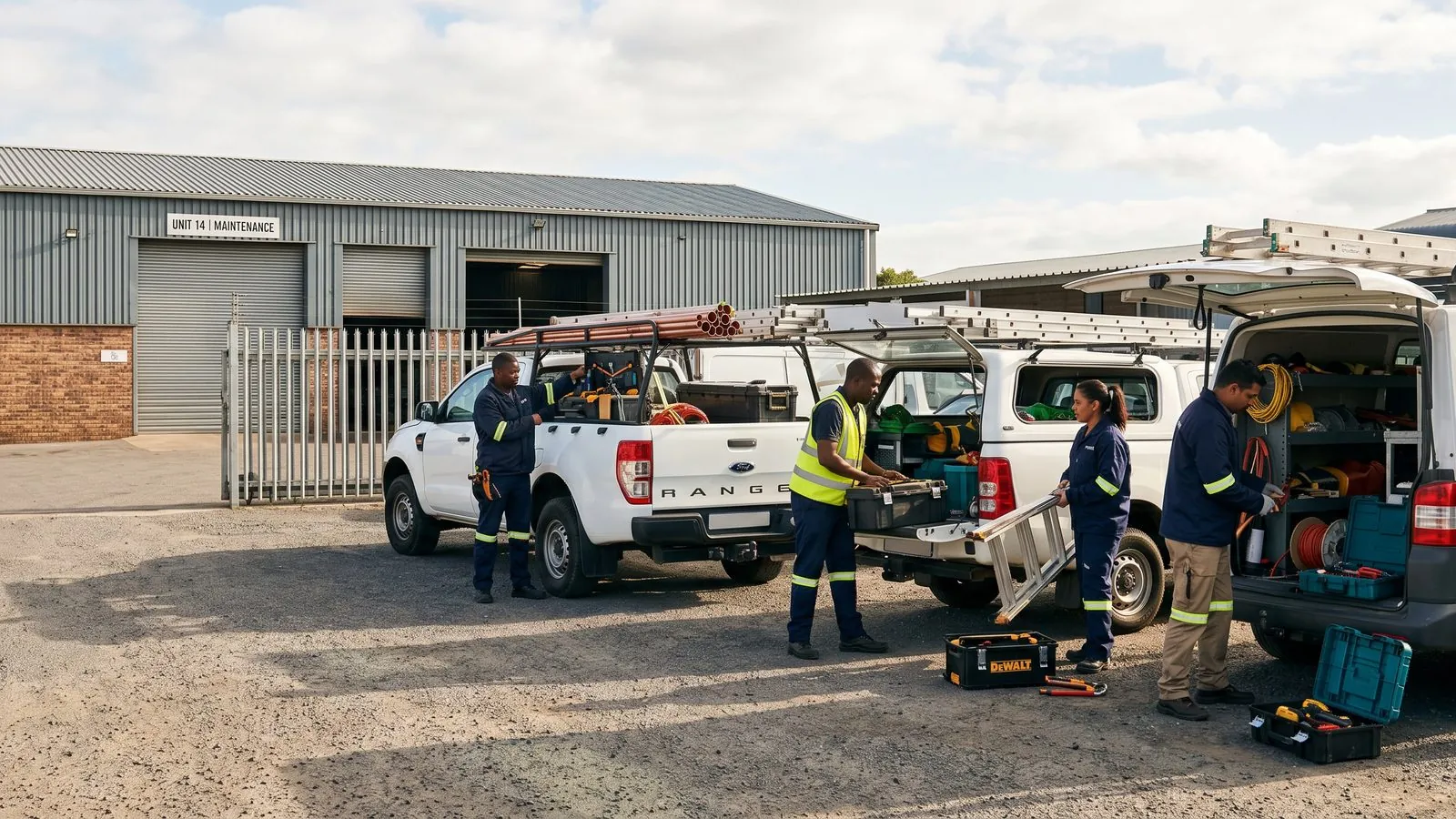 Service technicians loading tools into their bakkies outside a workshop