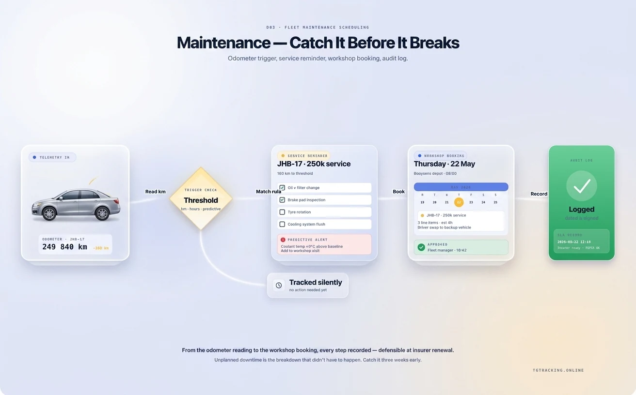 Fleet Maintenance Scheduling infographic showing how TG Tracking organises this solution