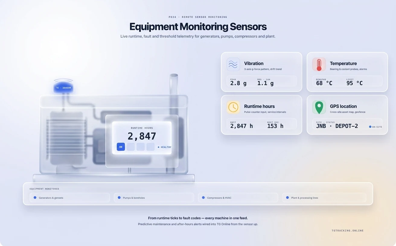 Equipment Monitoring Sensors infographic showing how TG Tracking organises this solution