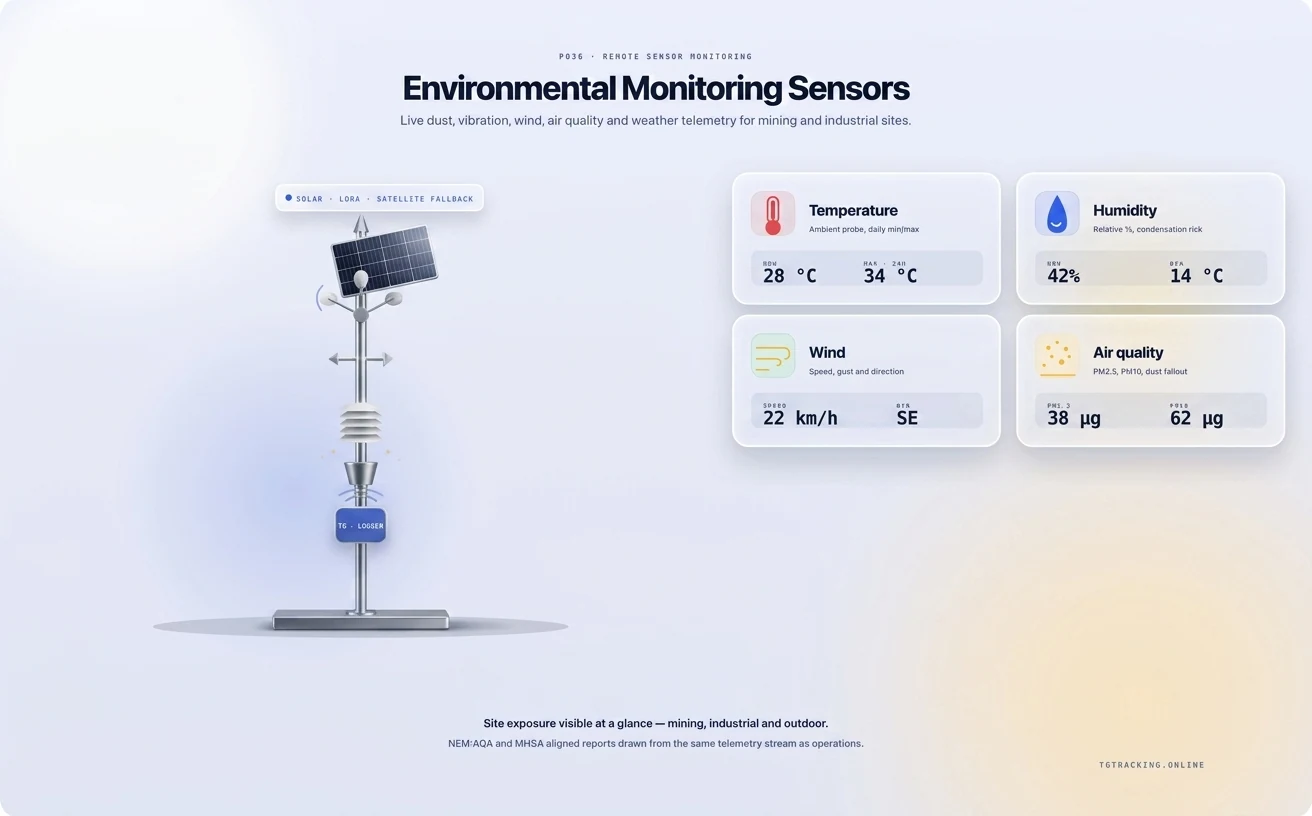 Environmental Monitoring Sensors infographic showing how TG Tracking organises this solution