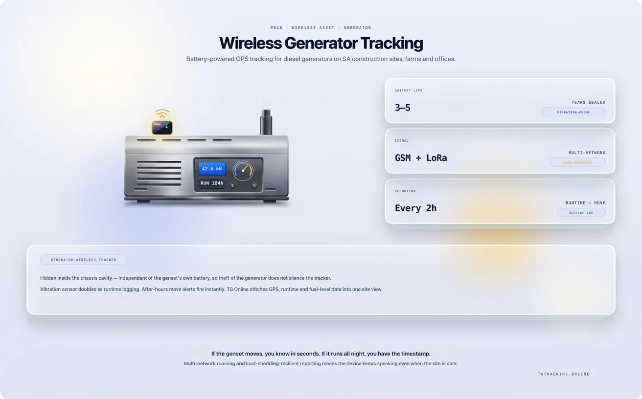 Wireless Generator Tracking infographic showing how TG Tracking organises this solution