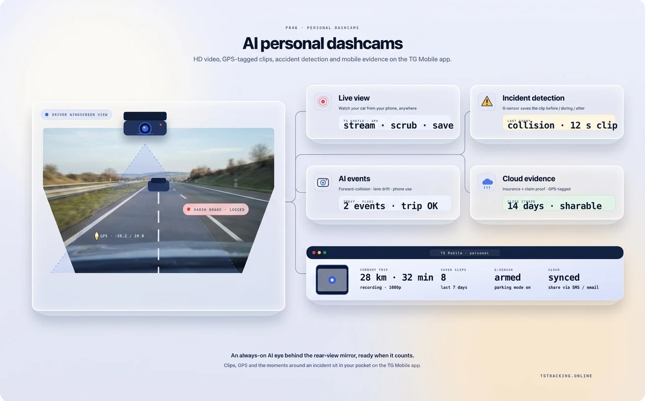 Personal Dashcams infographic showing how TG Tracking organises this solution