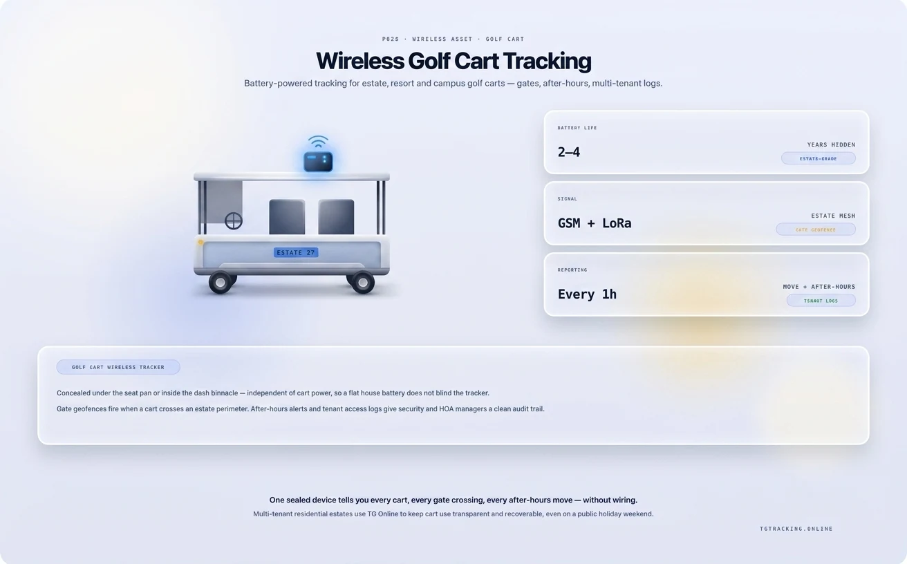 Wireless Golf Cart Tracking infographic showing how TG Tracking organises this solution