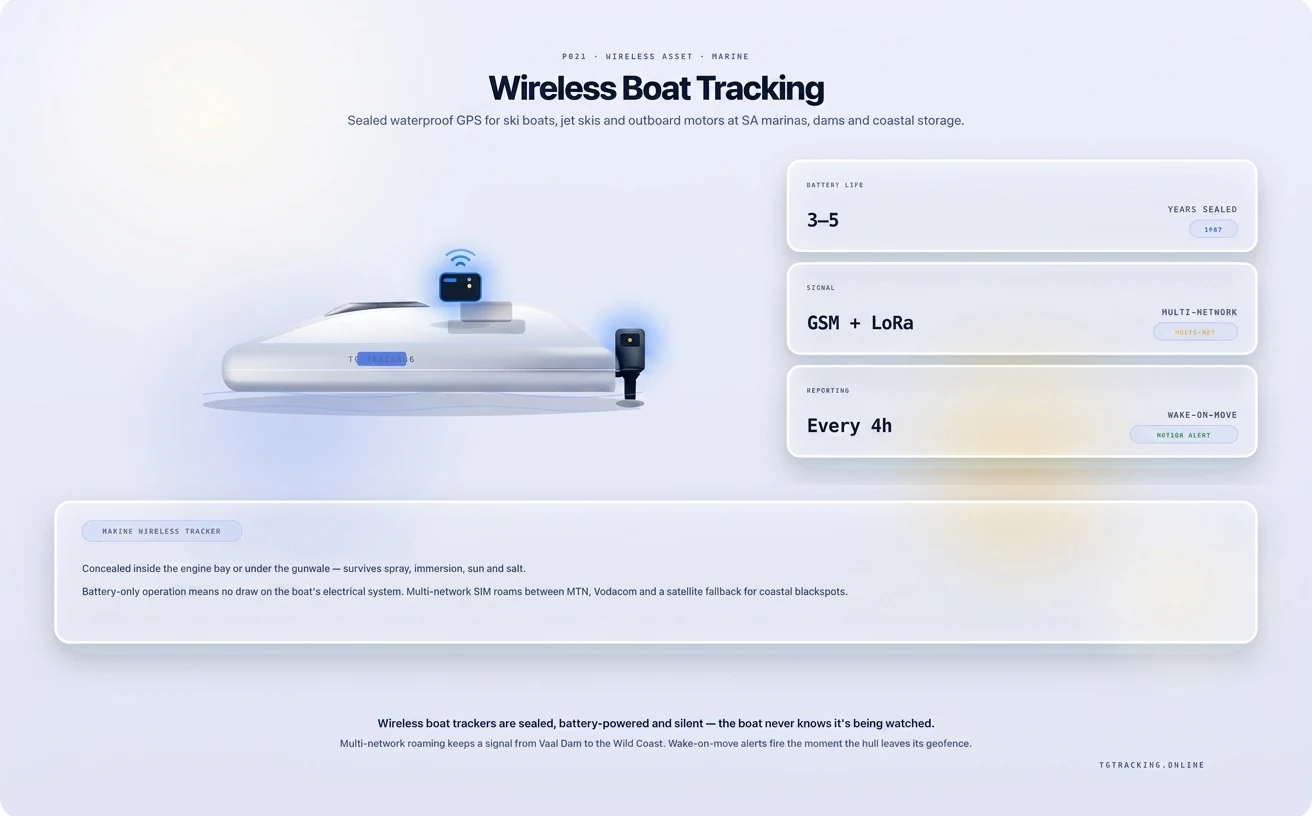 Wireless Boat Tracking infographic showing how TG Tracking organises this solution