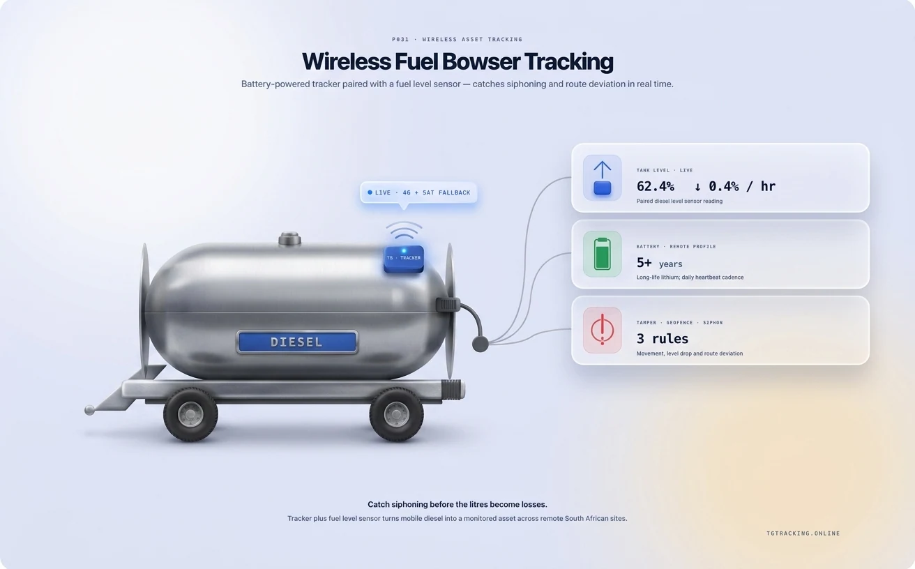 Wireless Fuel Bowser Tracking infographic showing how TG Tracking organises this solution