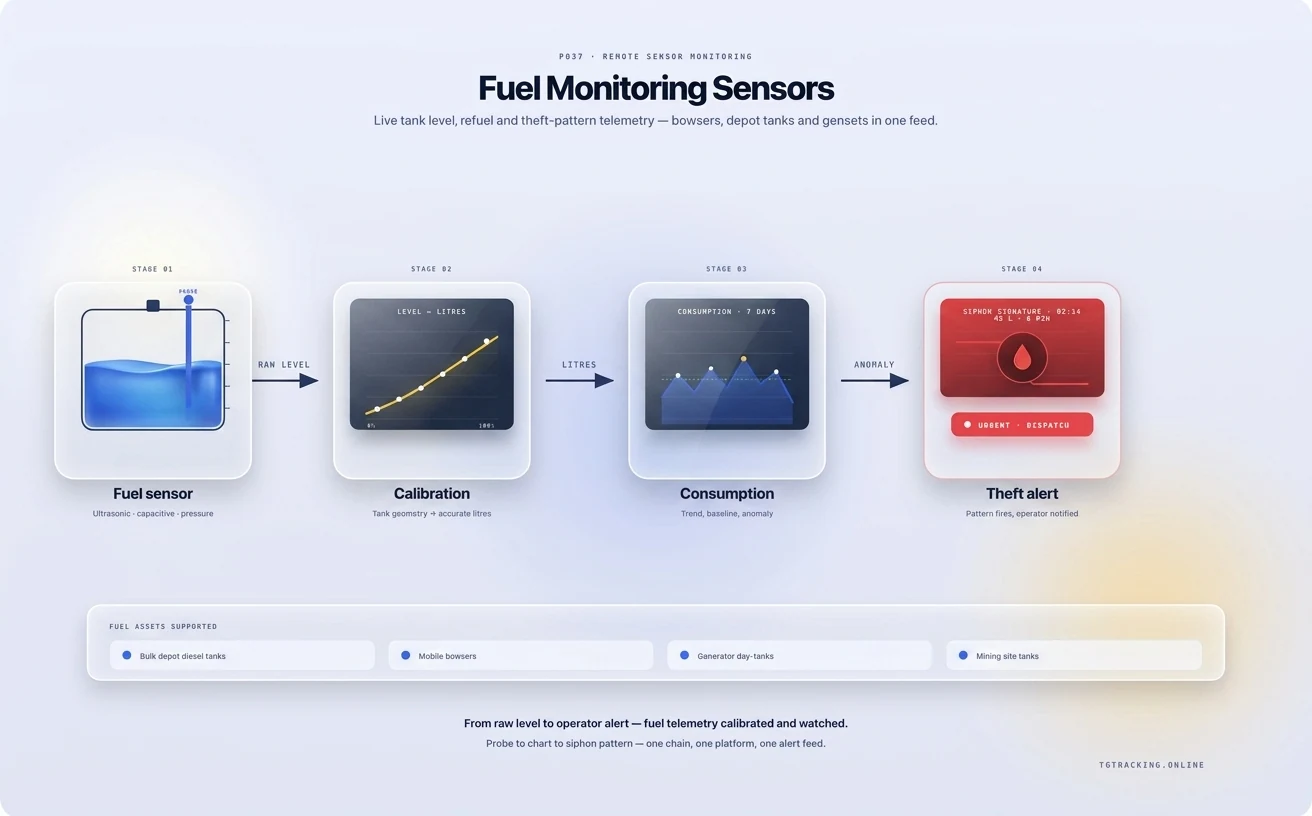 Fuel Monitoring Sensors infographic showing how TG Tracking organises this solution