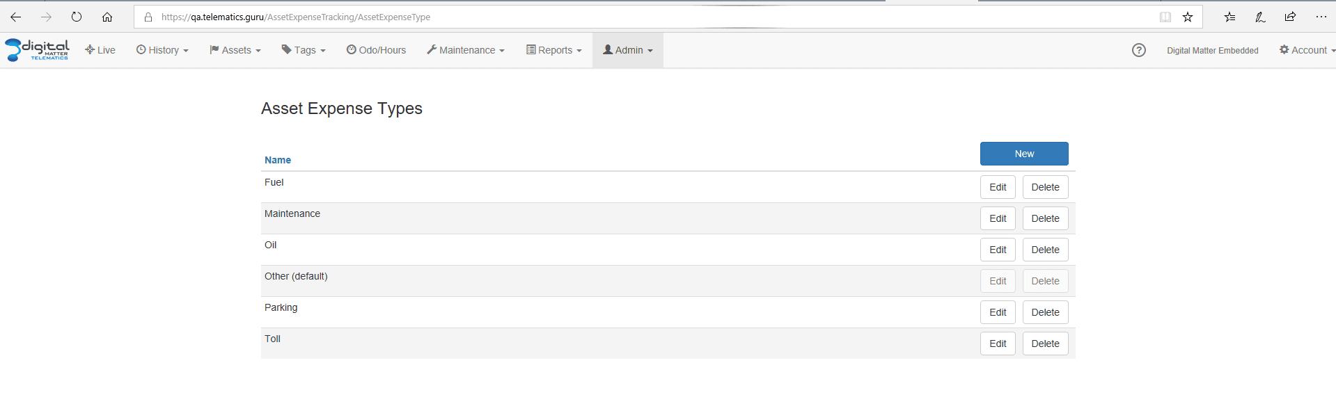 GPS vehicle tracking asset expense types interface screenshot.