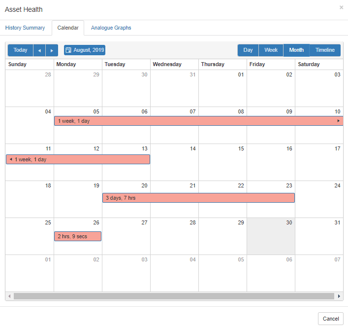 Asset Health Tracking, GPS tracking system calendar screenshot for asset management and monitoring.