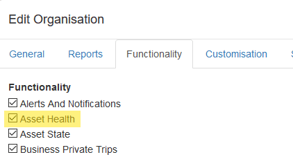 Organisation functionality settings with Asset Health enabled.