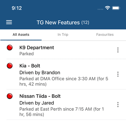 GPS tracking app interface showing vehicle statuses and locations for fleet management.