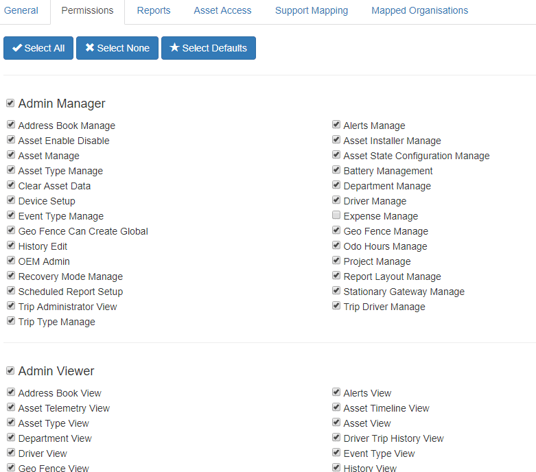 GPS tracking software configuration interface, managing assets and vehicle tracking, with permissions for admin and viewers.