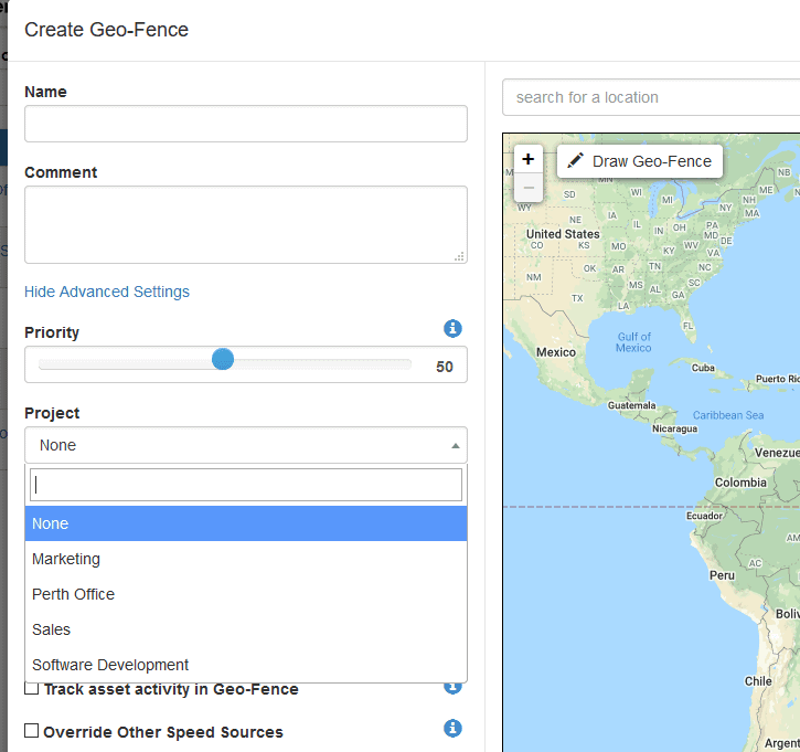 GPS vehicle tracking map with geo-fence creation for fleet management and asset monitoring.