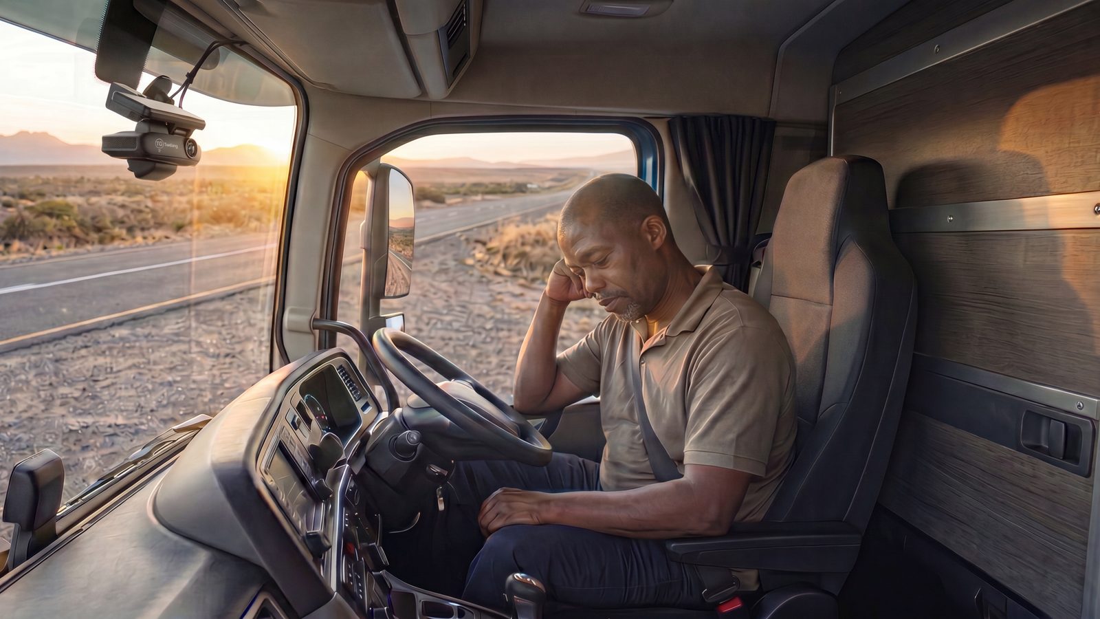 A truck driver at the wheel with a dash camera mounted on the windscreen