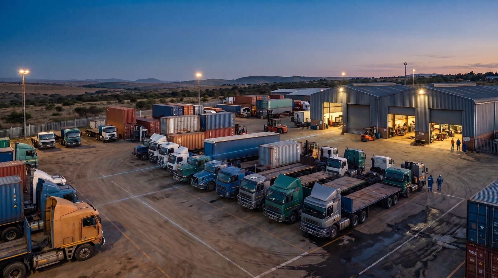 A South African transport yard at dusk with trucks, trailers, containers and workshop bays