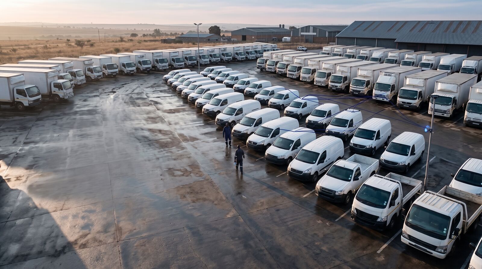 Rows of commercial vehicles parked in a South African fleet depot at dawn