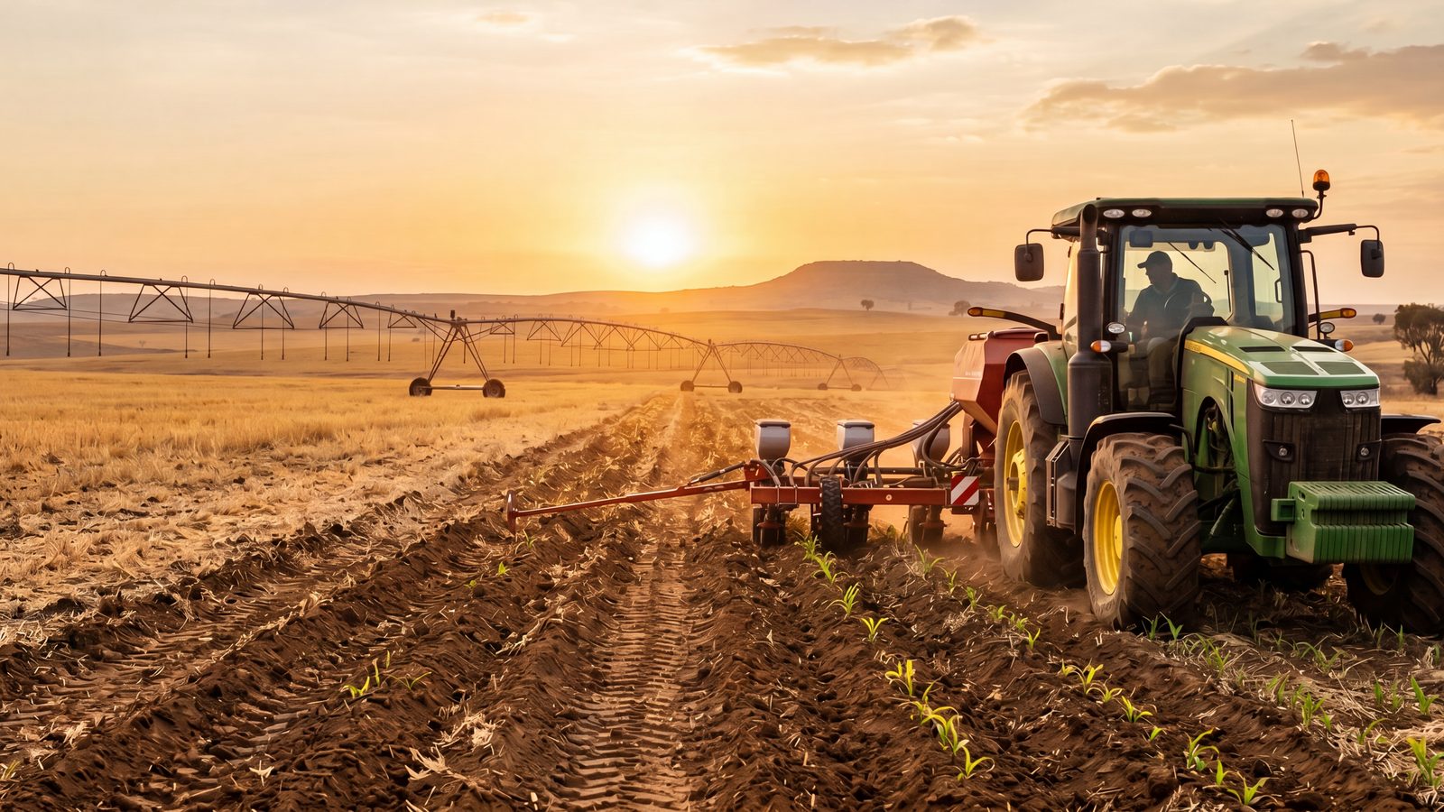 A tractor planting rows in a field at sunset with centre-pivot irrigation behind