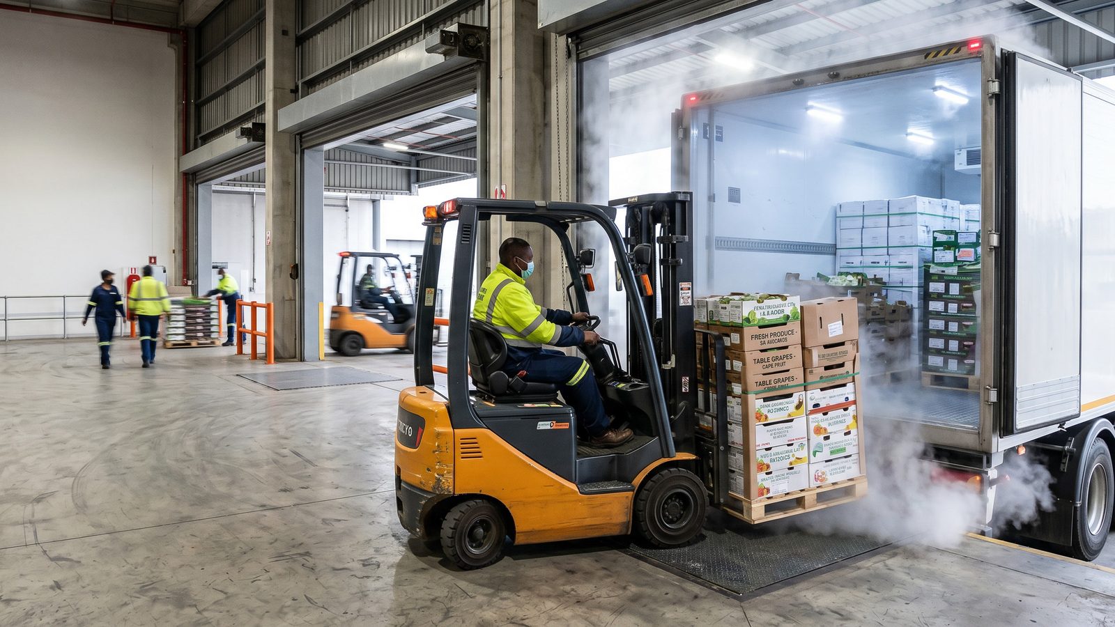 A forklift loading pallets of produce into a refrigerated truck at a cold store