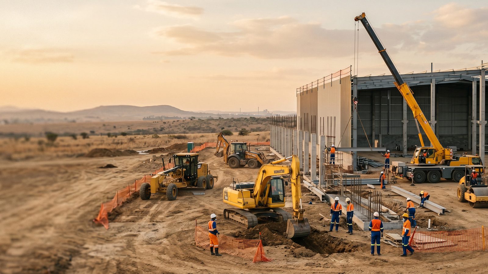 An excavator, crane and construction crew on a building site at sunrise