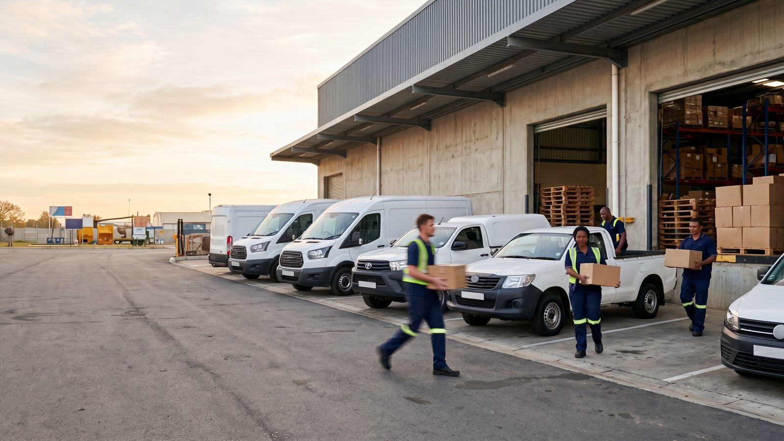 Couriers loading parcels into vans and bakkies at a distribution depot