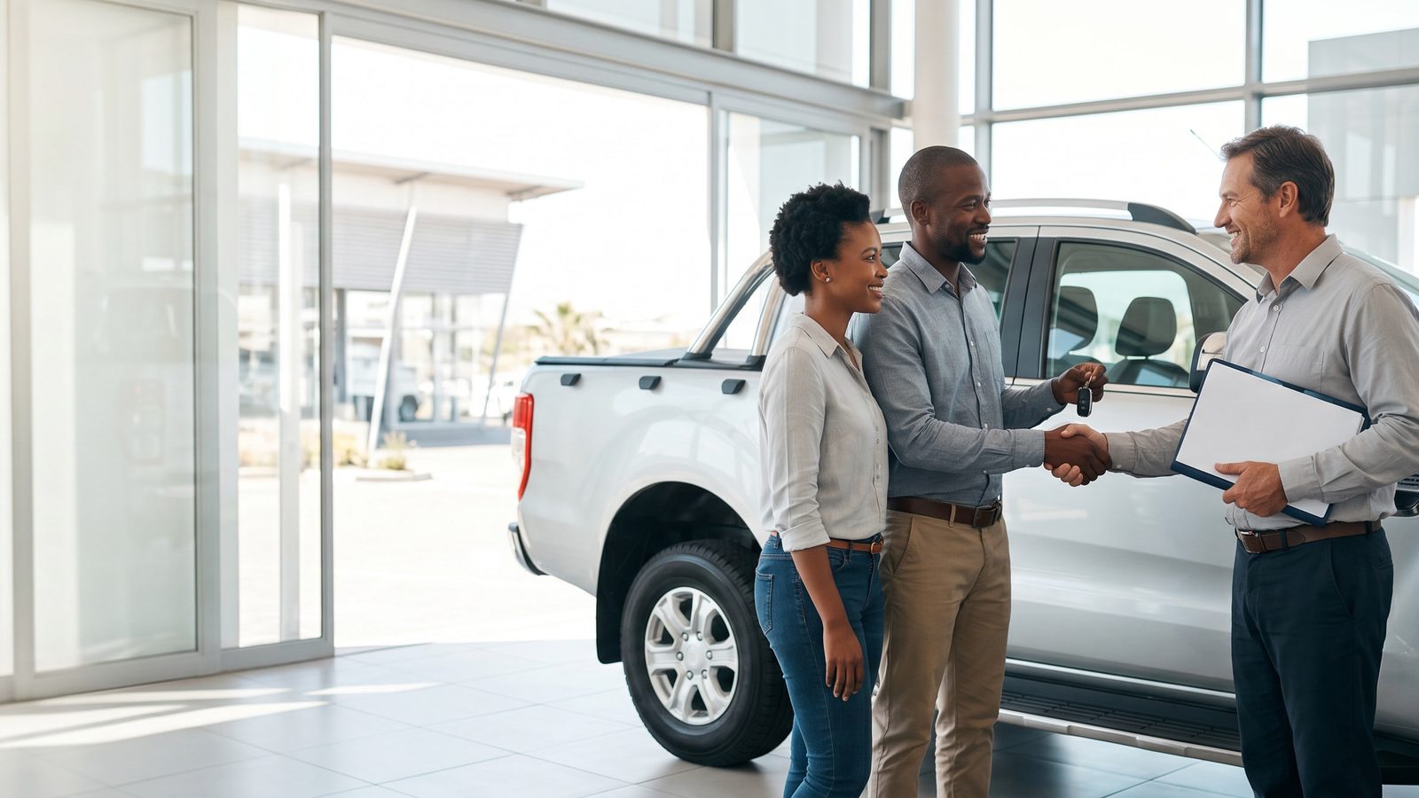 A couple receiving the keys to a bakkie from a salesperson in a dealership showroom