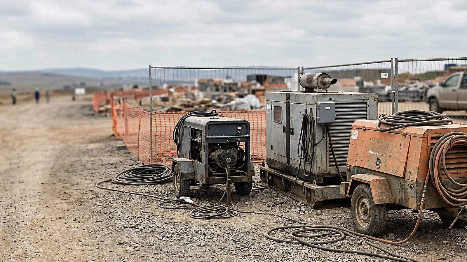 Generators and compressors ready for hire on a fenced equipment yard