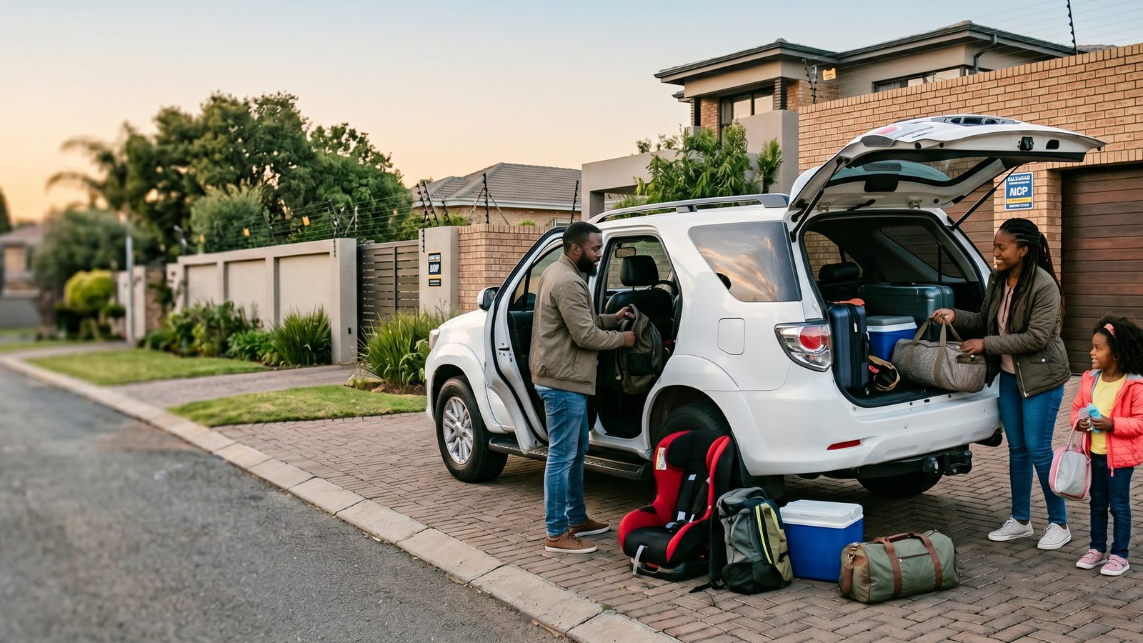 A family loading luggage into their SUV outside their home
