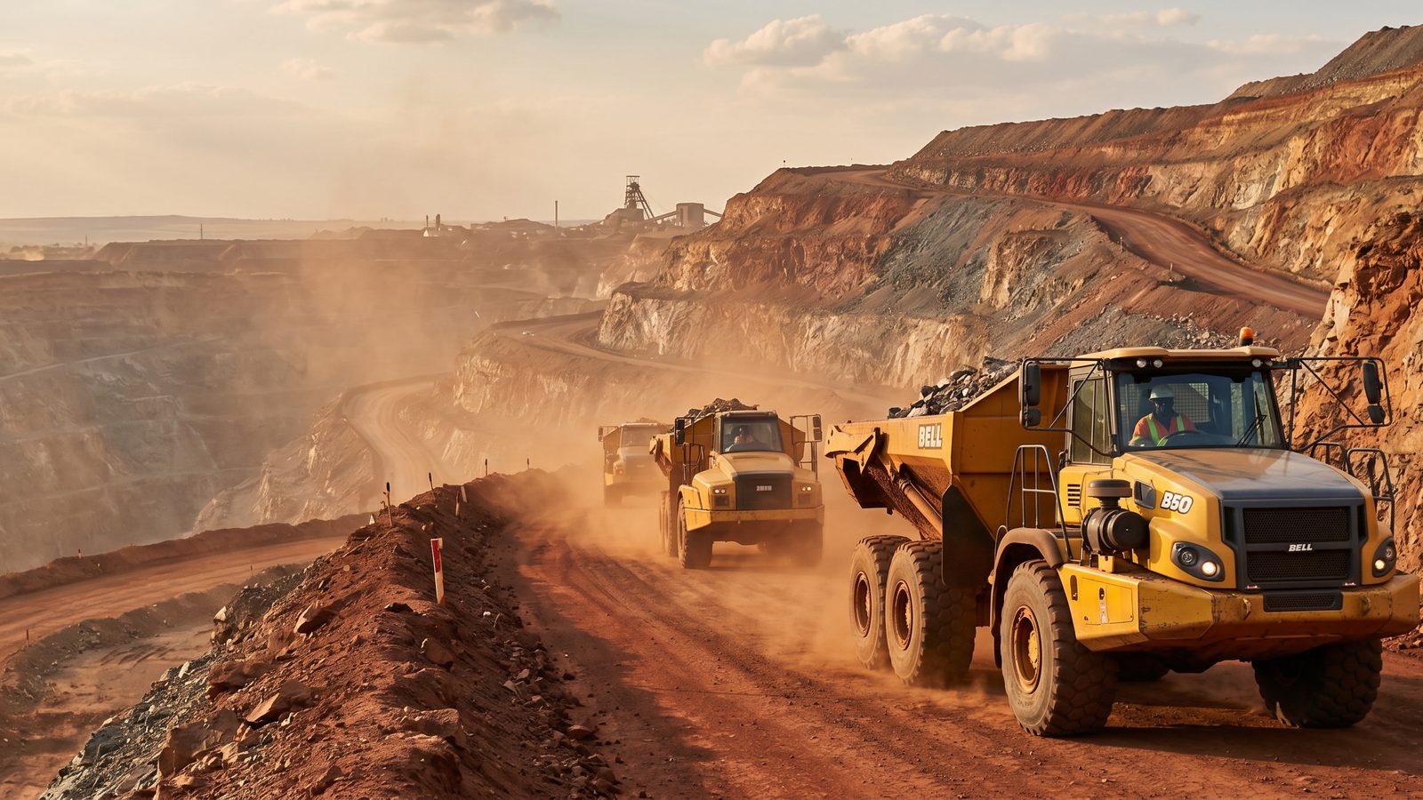 Articulated haul trucks working a dusty open-pit mine road
