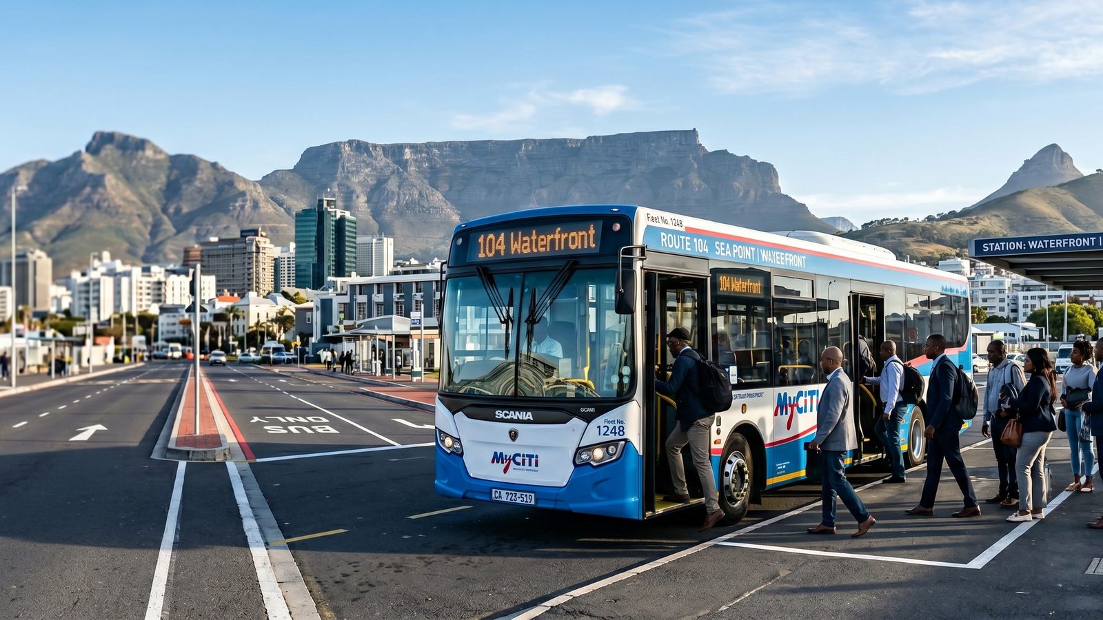 Commuters boarding a city bus at a Cape Town station below Table Mountain