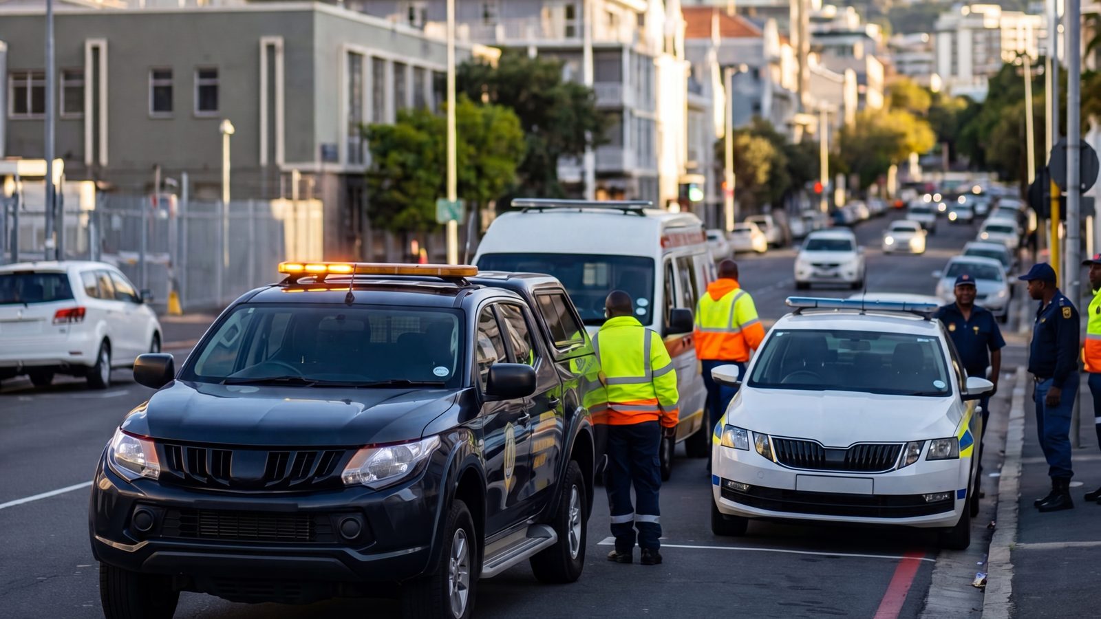 Security response vehicles and officers on a Cape Town street below Table Mountain