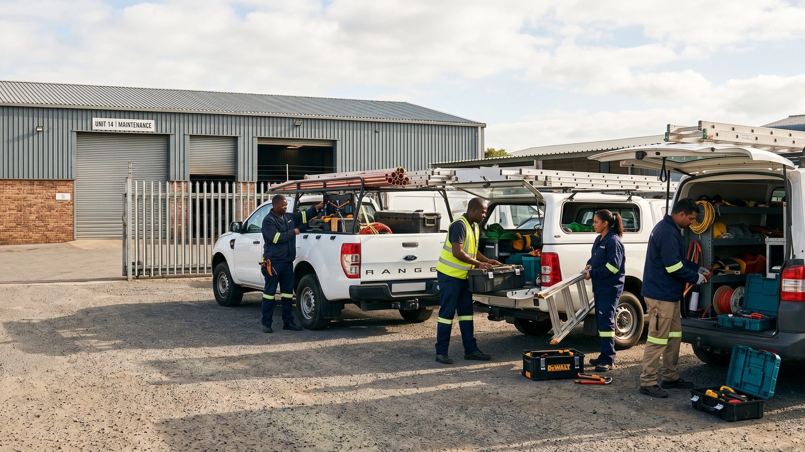 Service technicians loading tools into their bakkies outside a workshop