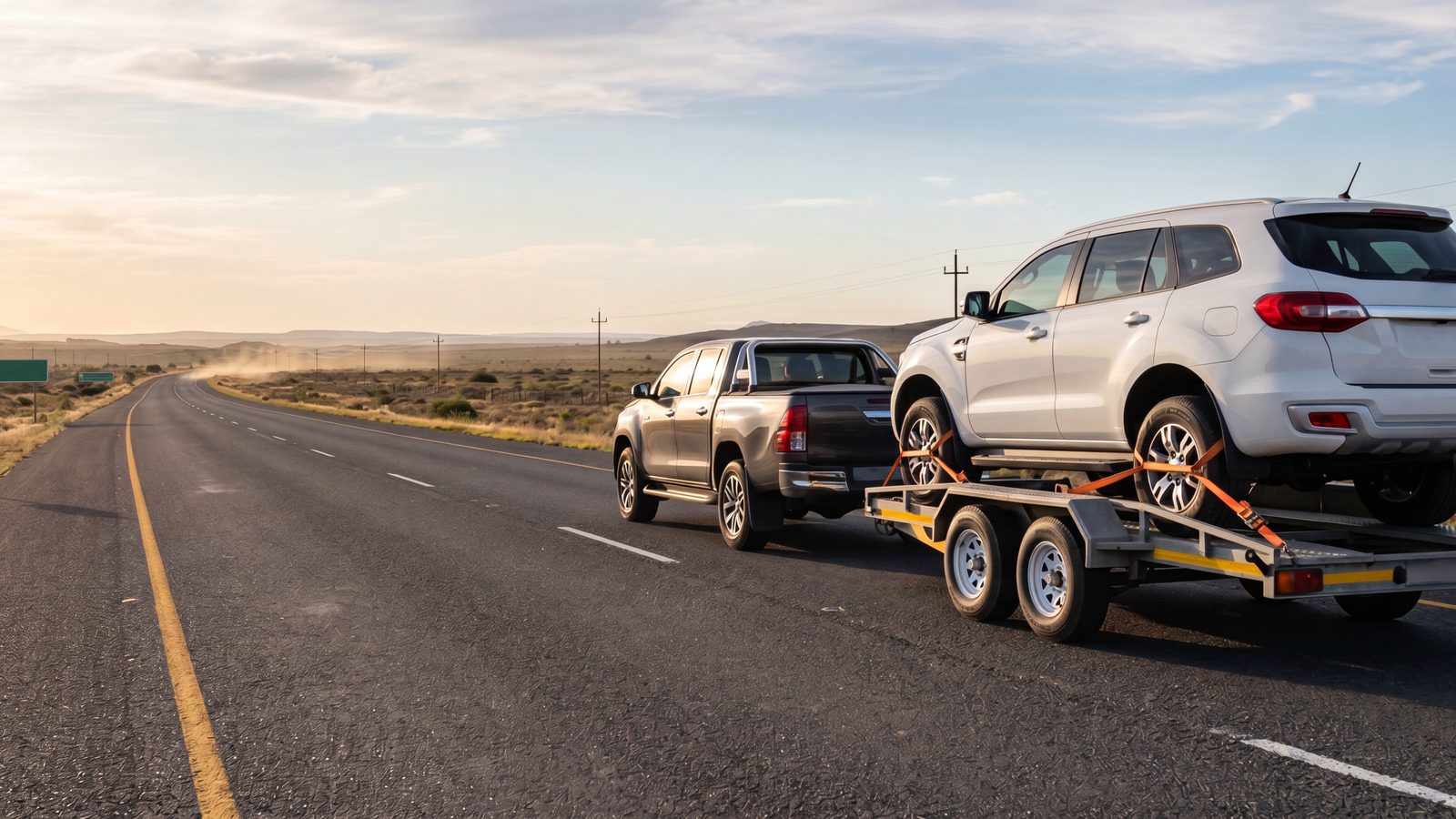 A bakkie towing a car on a flatbed trailer along an open road at dusk