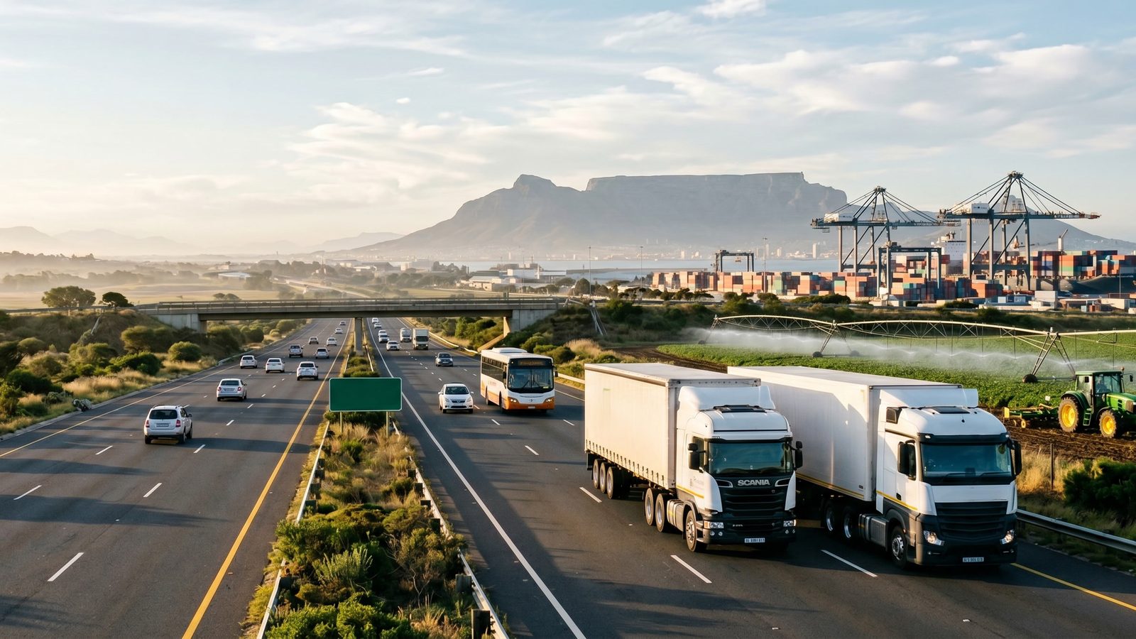Freight trucks on a highway outside Cape Town with Table Mountain behind